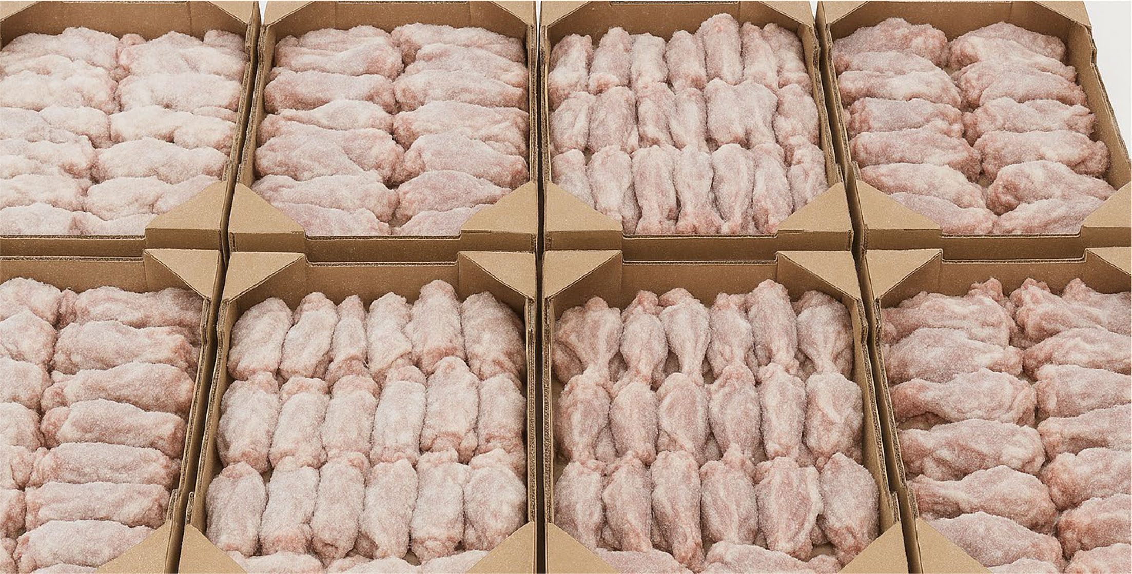 Bandejas con alitas de pollo congeladas representando carnes procesadas bajo garantía